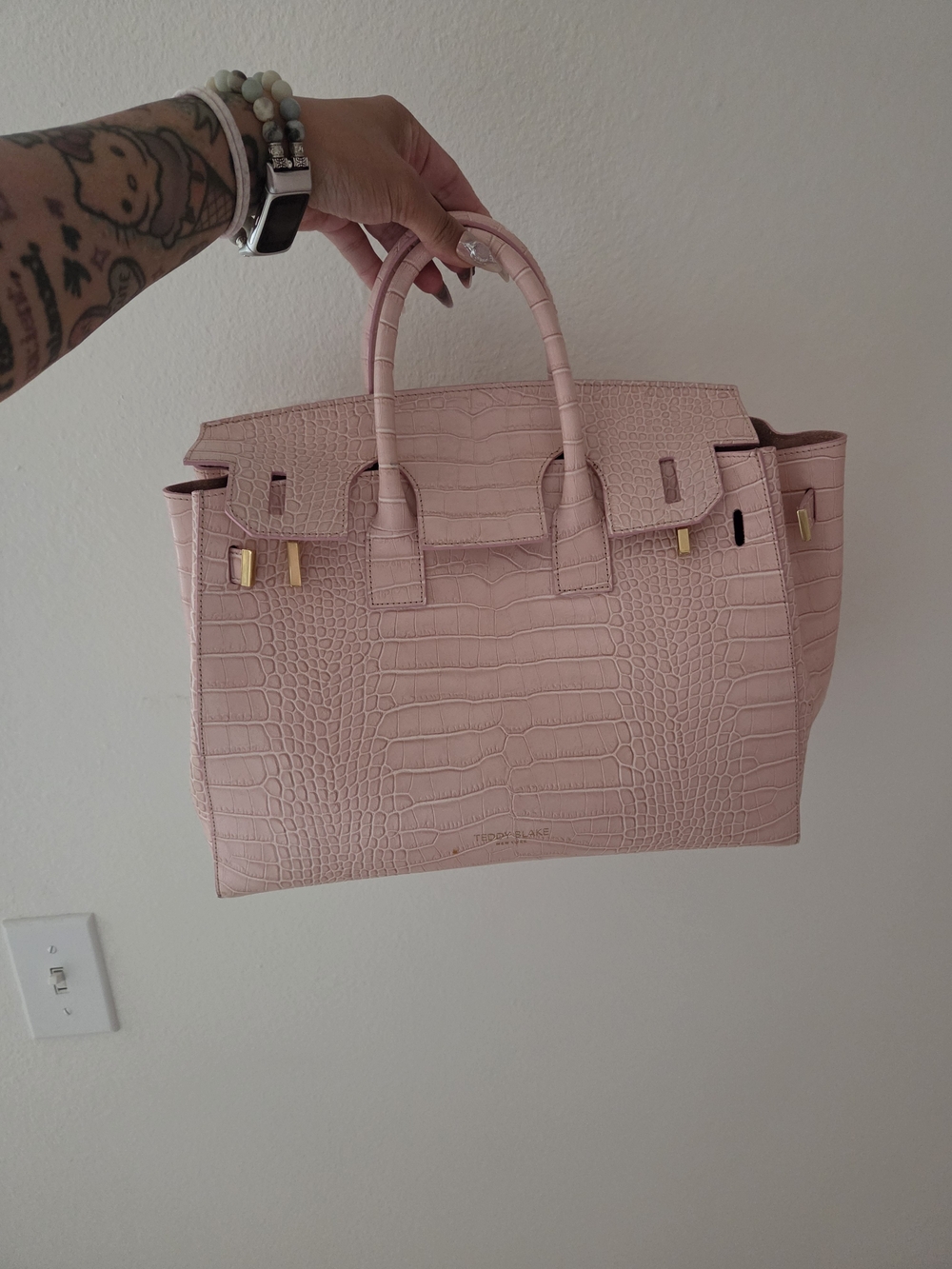 Teddy Blake Gigi Pink Croc-Embossed Satchel